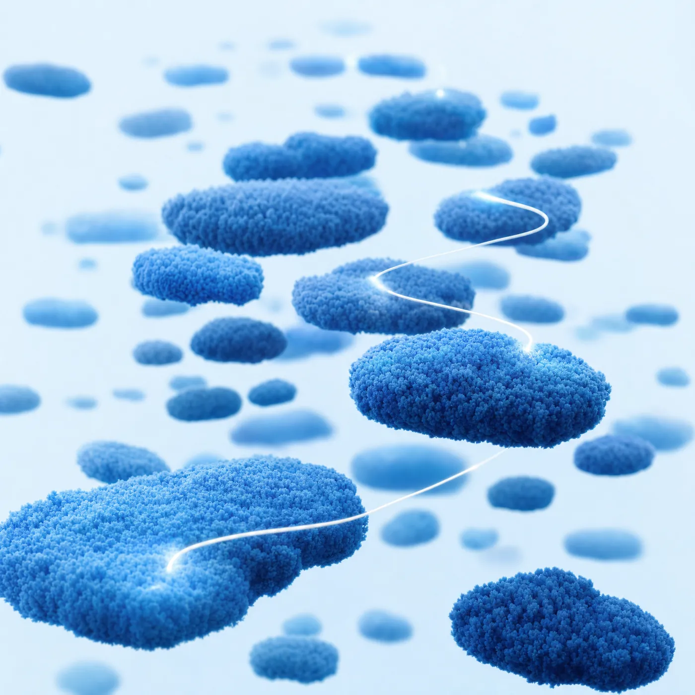 Viele blaue Flächen im Raum verteilt, ein Pfad webt sich von einer zur nächsten: der Crawler besucht jede Lead-Website.